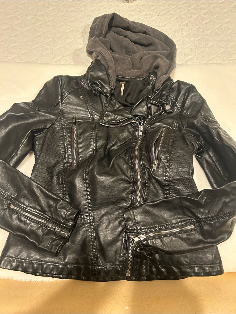 Free People Black Faux Leather Moto Jacket with Gray Hood